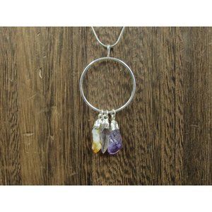 20" Sterling Silver Rough Quartz Amethyst Citrine Stones Pendant Necklace